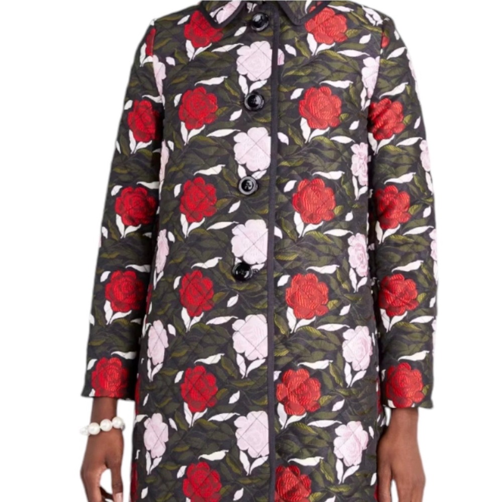 Kate Spade New York Sz XL Quilted Floral Rose Jacket Coat Black Pink Red - Picture 9 of 16